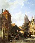 Cornelis Springer Famous Paintings - Figures in a Street in Delft